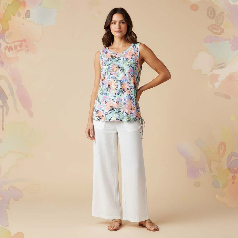 Cloth & Stone Watercolor Floral Drawstring Ruched Tank Top Rayon Women's M